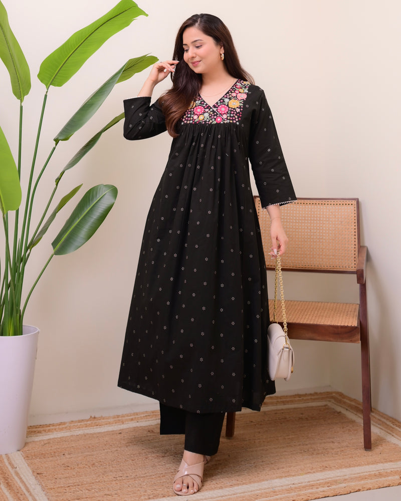 Black Noor Threadwork Cotton A Line Kurta Set
