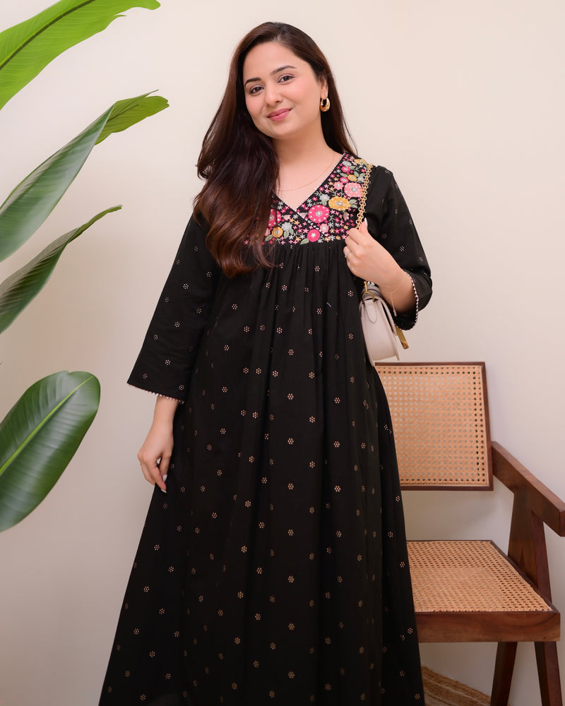 Black Noor Threadwork Cotton A Line Kurta Set