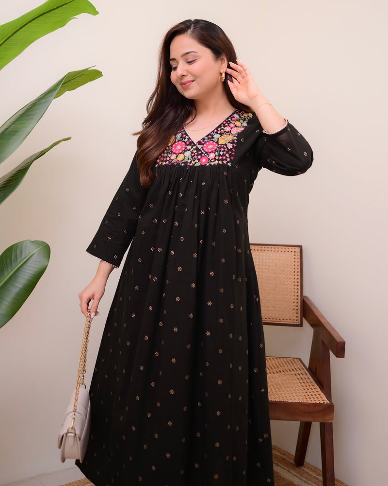 Black Noor Threadwork Cotton A Line Kurta Set