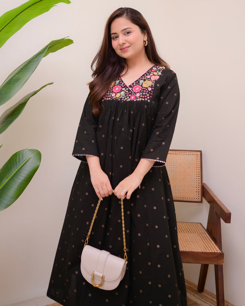 Black Noor Threadwork Cotton A Line Kurta Set