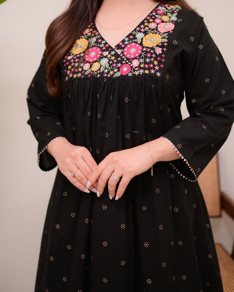 Black Noor Threadwork Cotton A Line Kurta Set