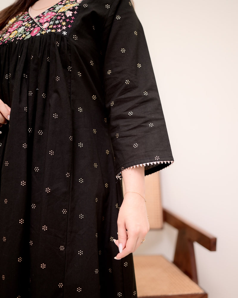 Black Noor Threadwork Cotton A Line Kurta Set