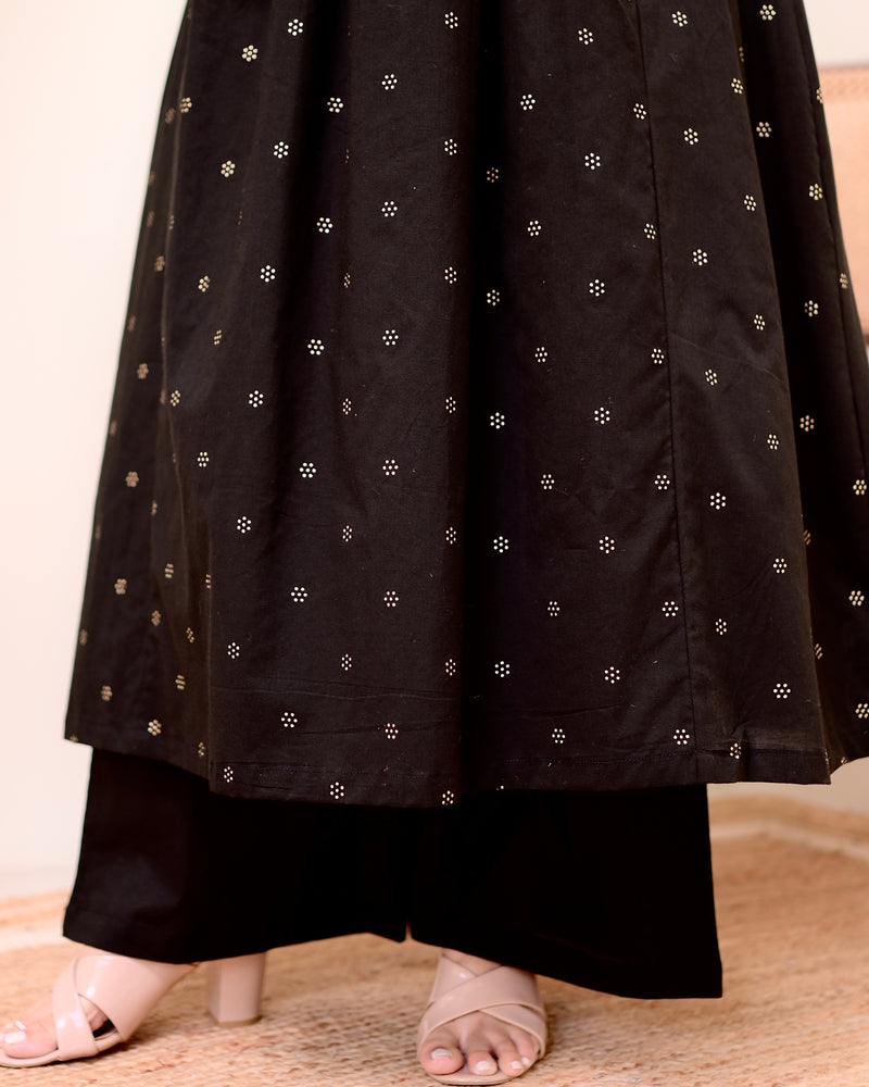 Black Noor Threadwork Cotton A Line Kurta Set