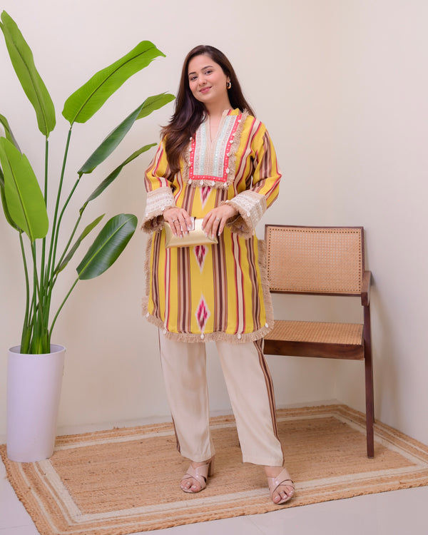 Ivory Mustard Boho Handwork Festive Co-ord
