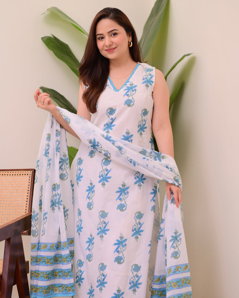 Blue White Floral Mul Cotton Suit