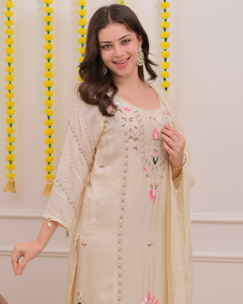 Ivory Premium Silk Handwork Festive Suit