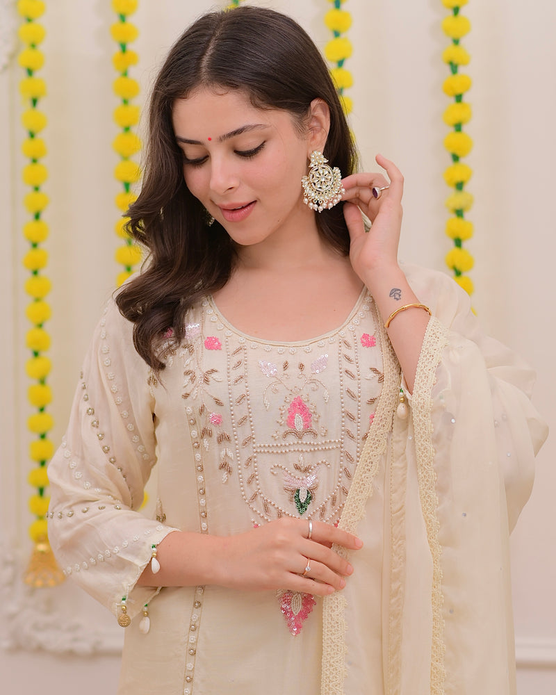 Ivory Premium Silk Handwork Festive Suit