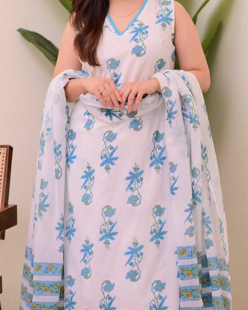Blue White Floral Mul Cotton Suit