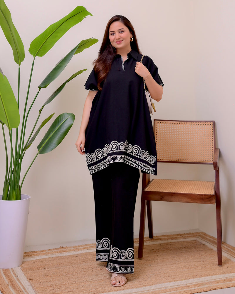 Zen Black Threadwork Kaftan Style Cotton Co-ord