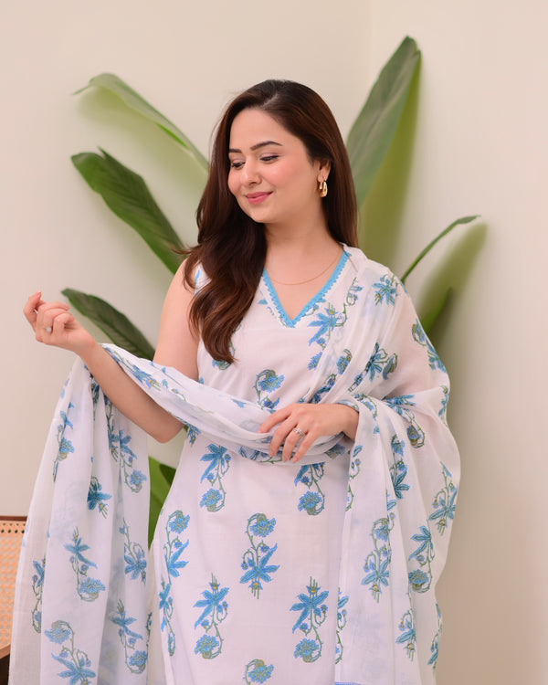 Blue White Floral Mul Cotton Suit