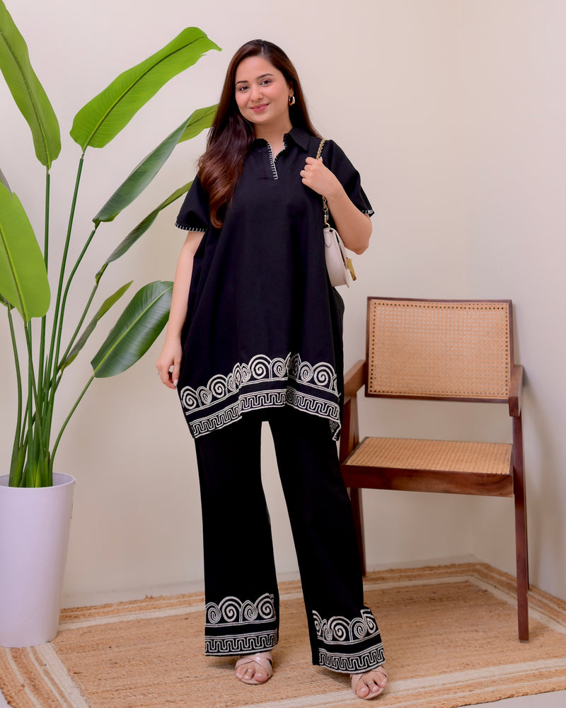 Zen Black Threadwork Kaftan Style Cotton Co-ord