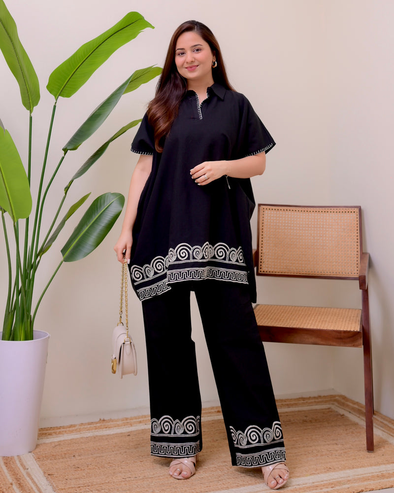 Zen Black Threadwork Kaftan Style Cotton Co-ord