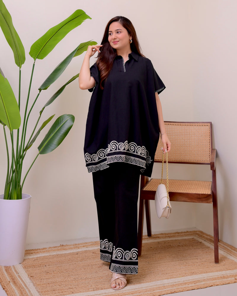 Zen Black Threadwork Kaftan Style Cotton Co-ord