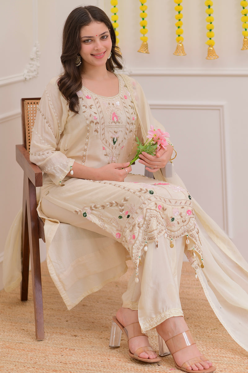 Ivory Premium Silk Handwork Festive Suit