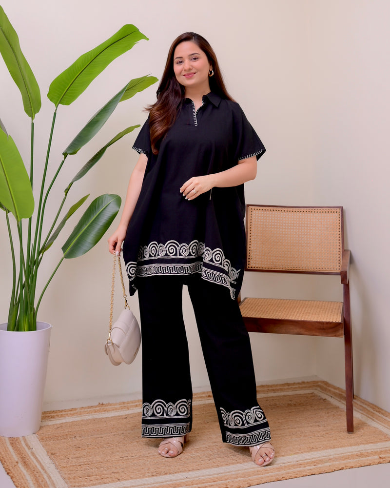 Zen Black Threadwork Kaftan Style Cotton Co-ord