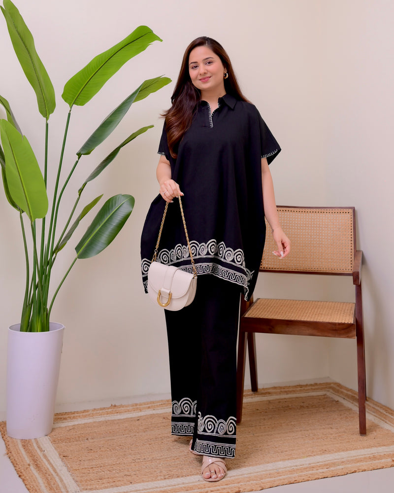 Zen Black Threadwork Kaftan Style Cotton Co-ord