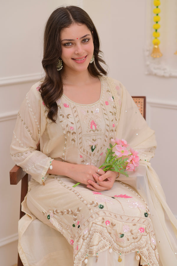 Ivory Premium Silk Handwork Festive Suit