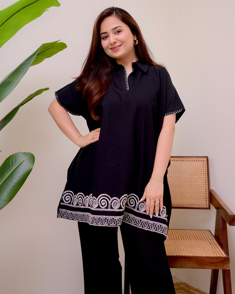 Zen Black Threadwork Kaftan Style Cotton Co-ord