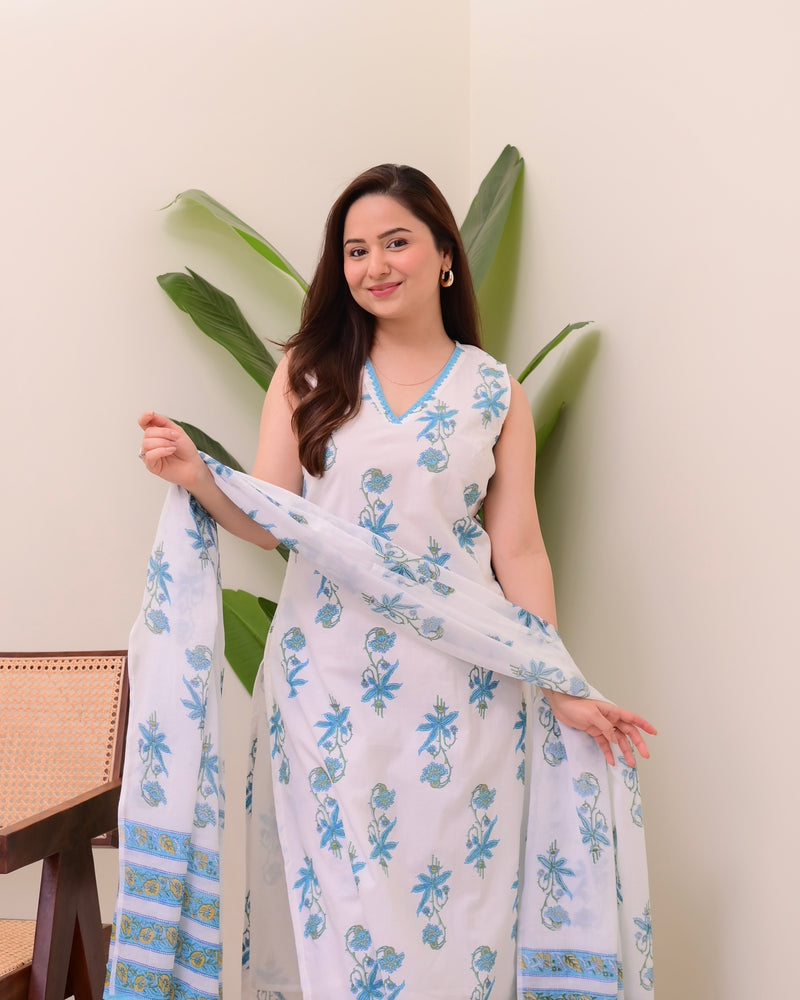 Blue White Floral Mul Cotton Suit