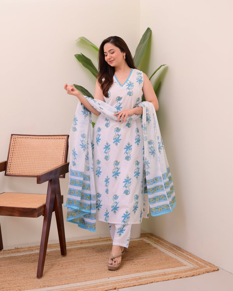 Blue White Floral Mul Cotton Suit