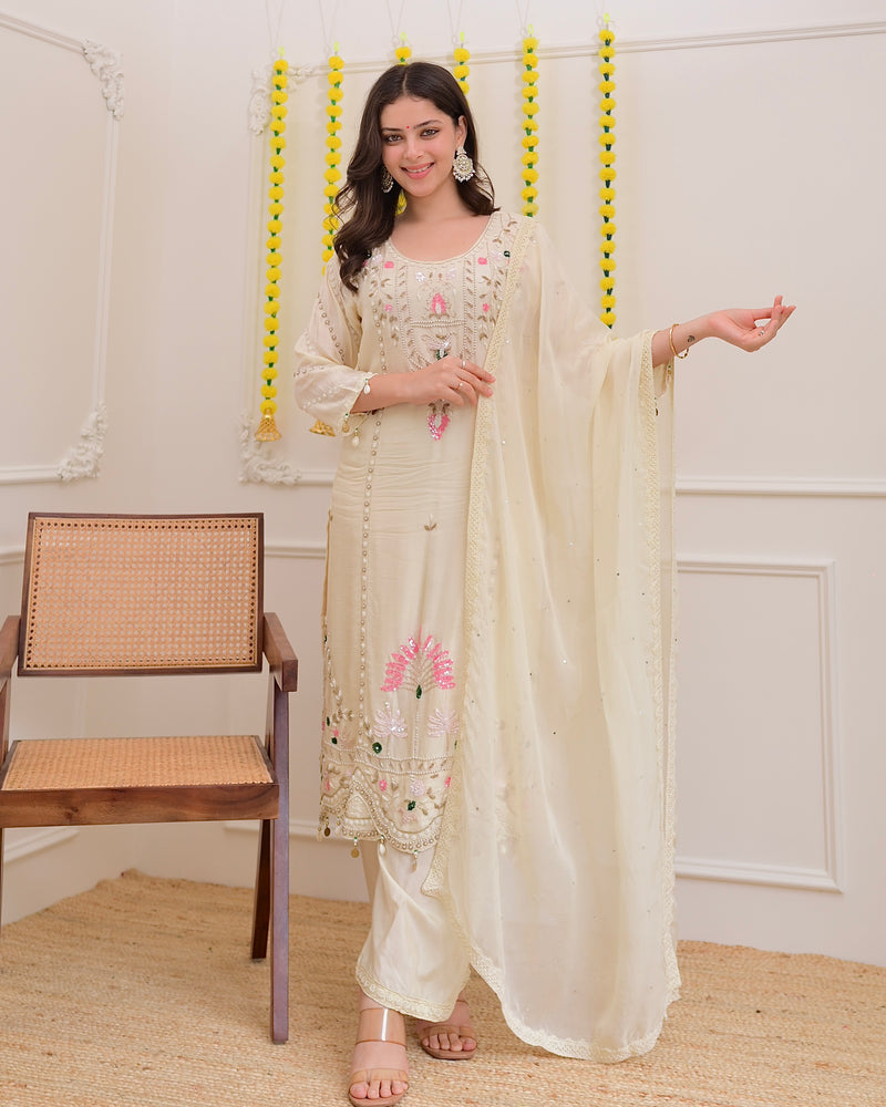 Ivory Premium Silk Handwork Festive Suit