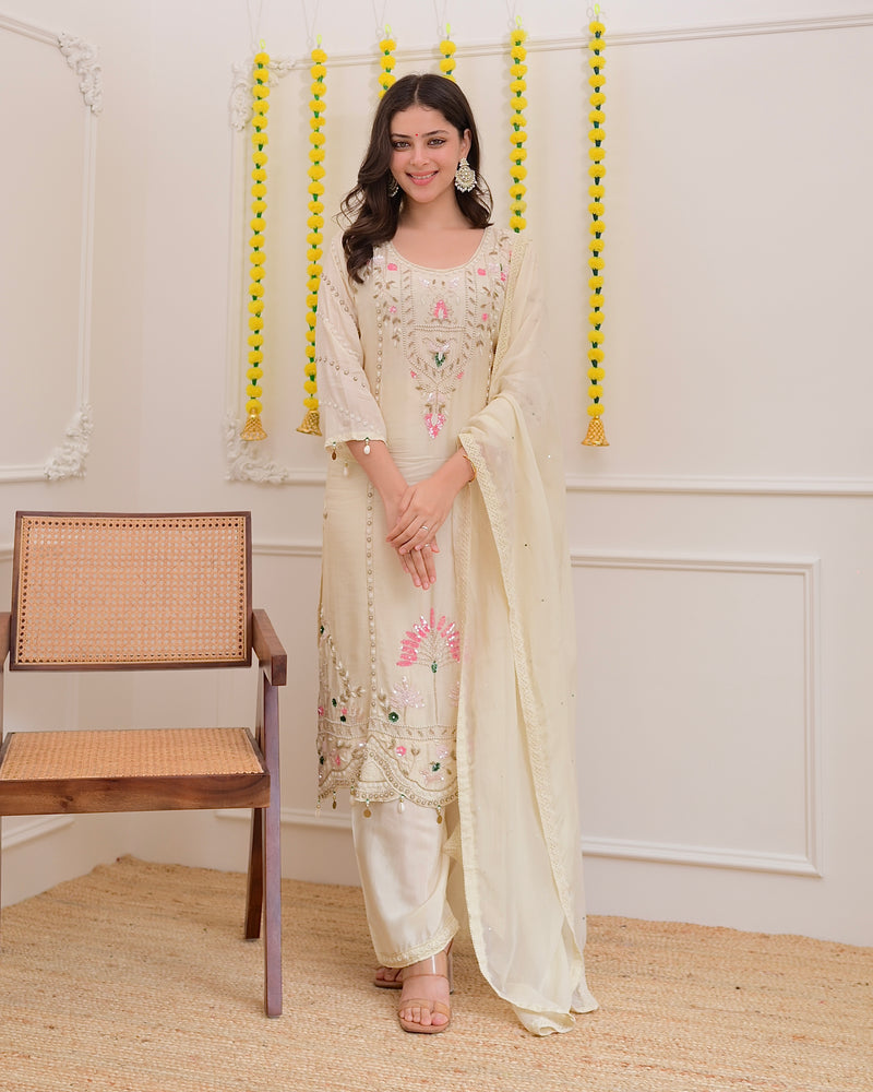 Ivory Premium Silk Handwork Festive Suit