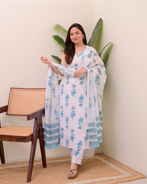 Blue White Floral Mul Cotton Suit