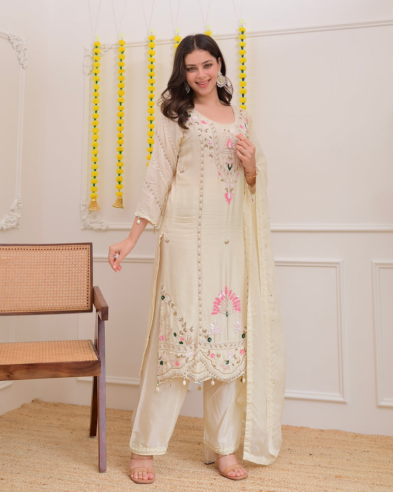 Ivory Premium Silk Handwork Festive Suit
