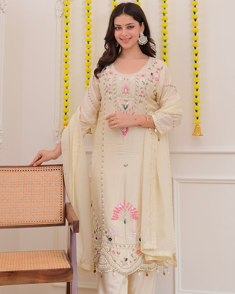 Ivory Premium Silk Handwork Festive Suit