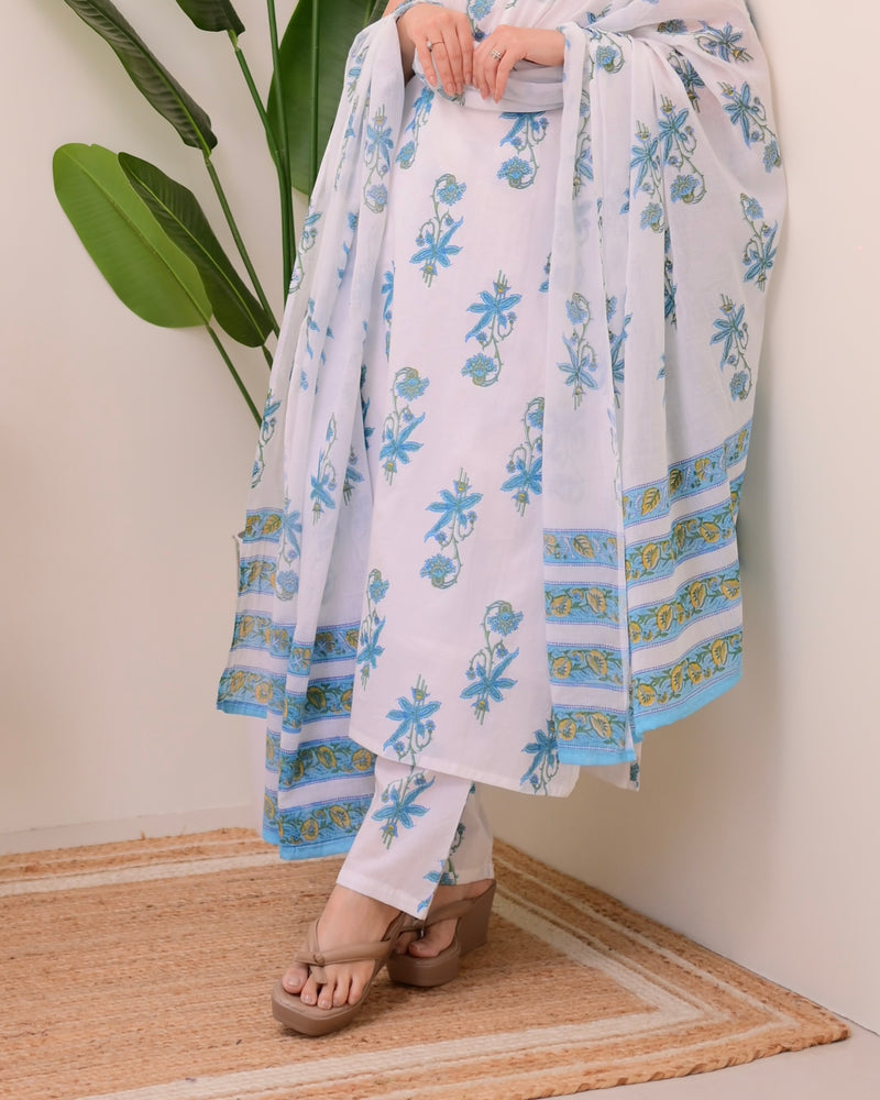 Blue White Floral Mul Cotton Suit