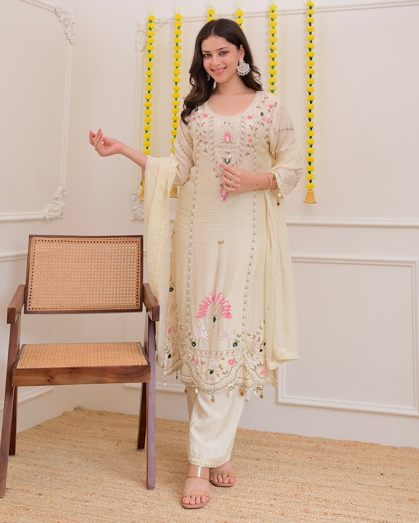 Ivory Premium Silk Handwork Festive Suit