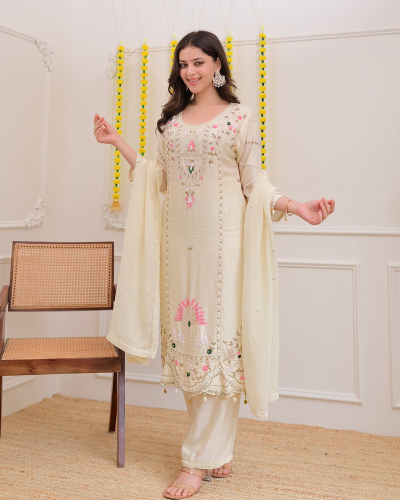 Ivory Premium Silk Handwork Festive Suit