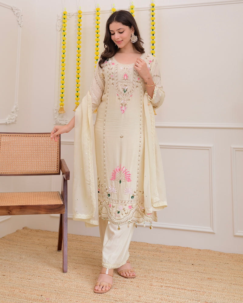 Ivory Premium Silk Handwork Festive Suit