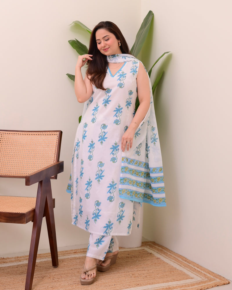 Blue White Floral Mul Cotton Suit