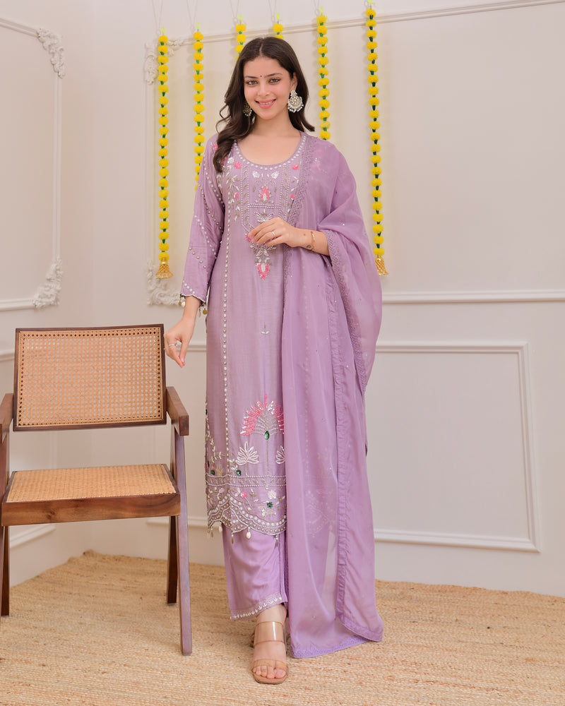 Lilac Premium Silk Handwork Festive Suit