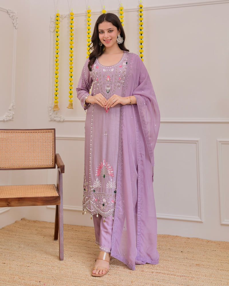 Lilac Premium Silk Handwork Festive Suit
