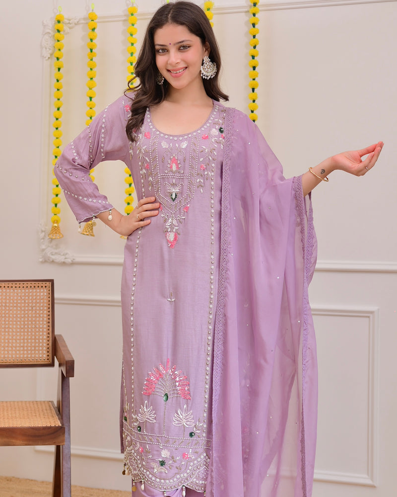 Lilac Premium Silk Handwork Festive Suit