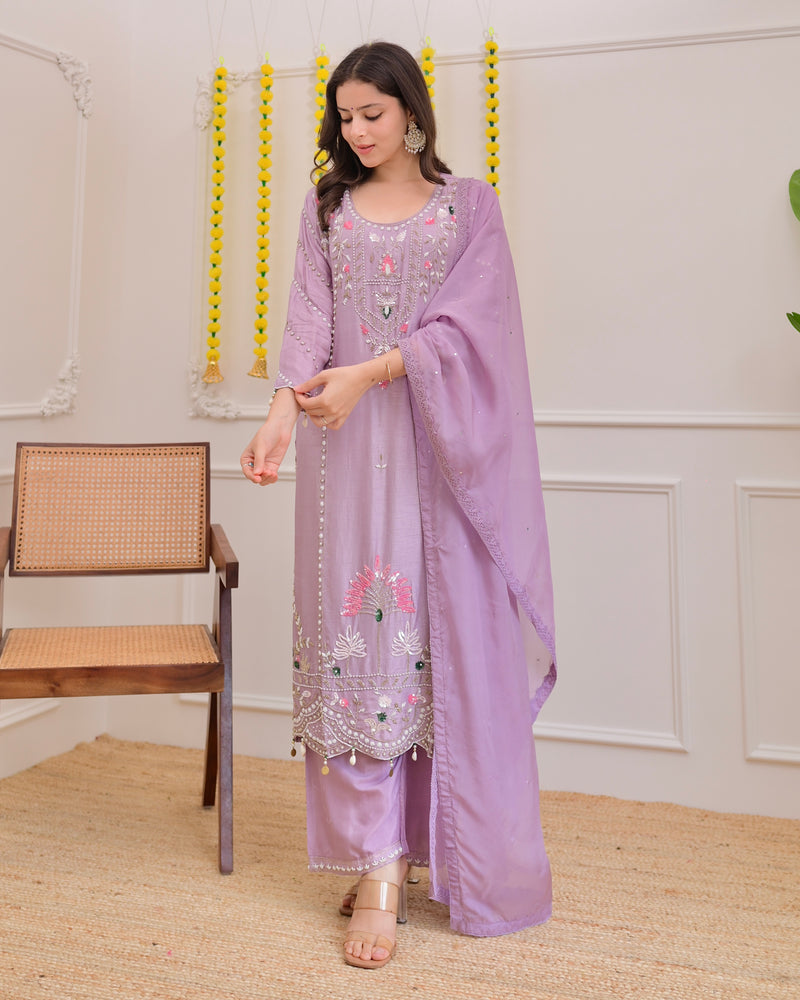 Lilac Premium Silk Handwork Festive Suit