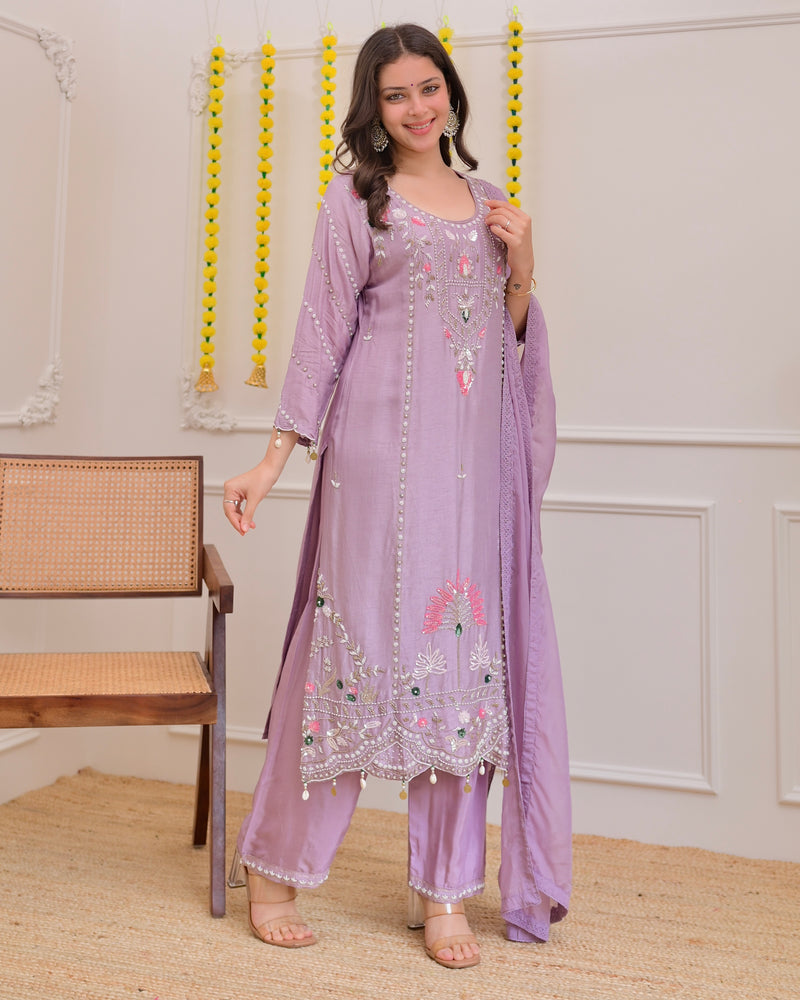 Lilac Premium Silk Handwork Festive Suit