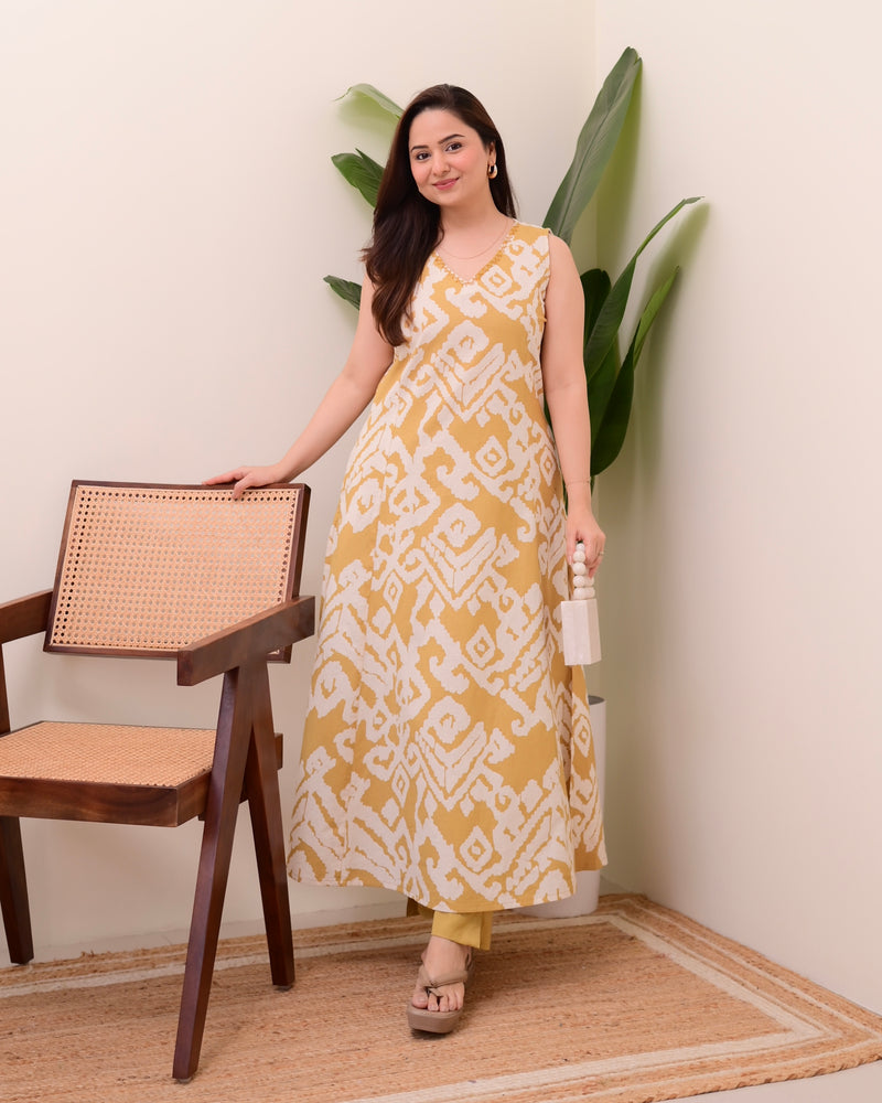 Mustard Ikat Cotton A Line Kurta Set