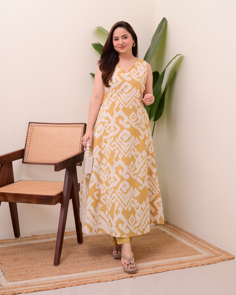 Mustard Ikat Cotton A Line Kurta Set