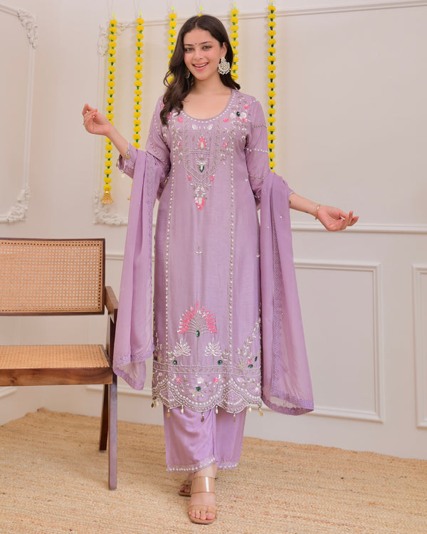 Lilac Premium Silk Handwork Festive Suit