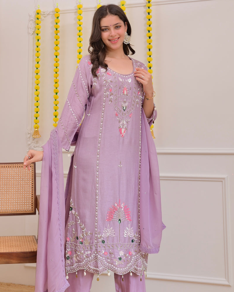 Lilac Premium Silk Handwork Festive Suit