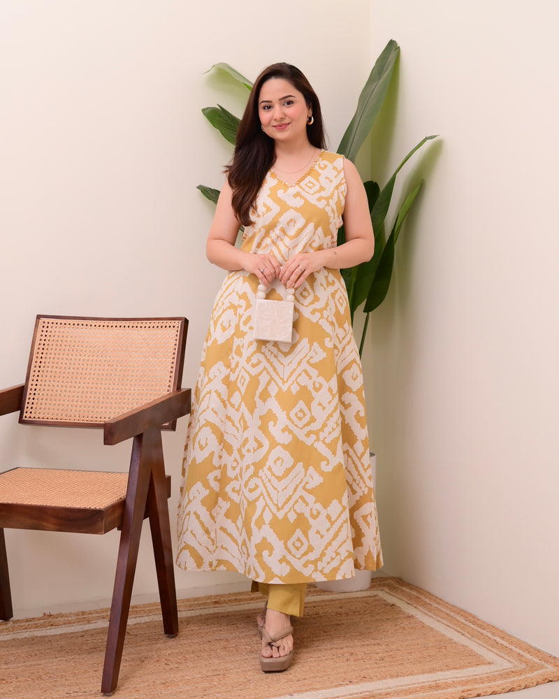 Mustard Ikat Cotton A Line Kurta Set