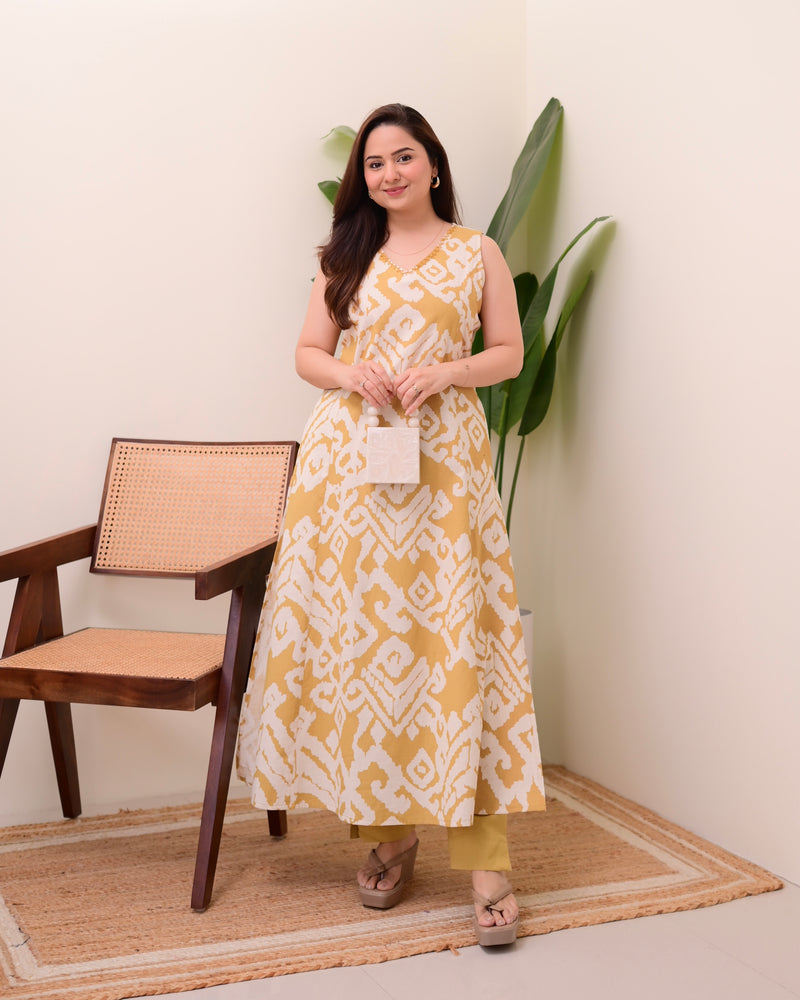 Mustard Ikat Cotton A Line Kurta Set