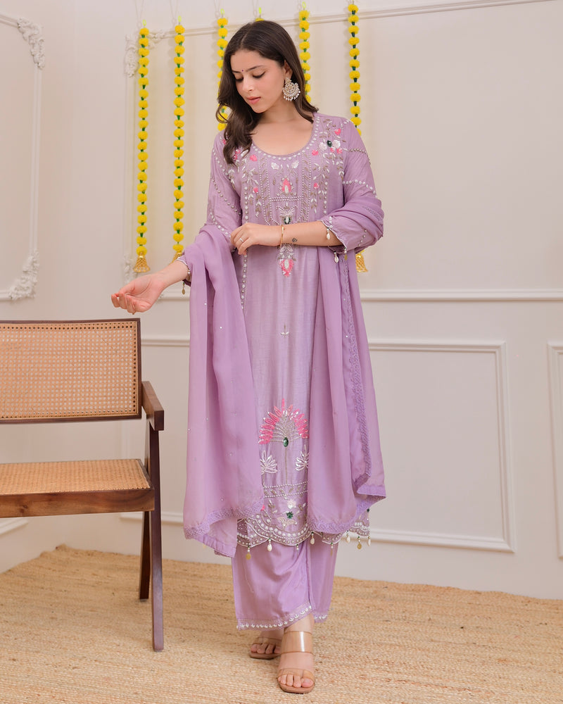 Lilac Premium Silk Handwork Festive Suit
