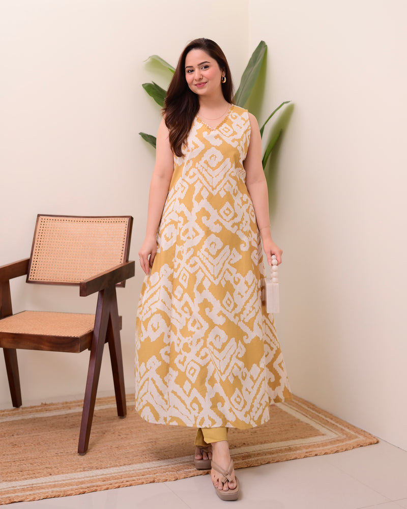 Mustard Ikat Cotton A Line Kurta Set
