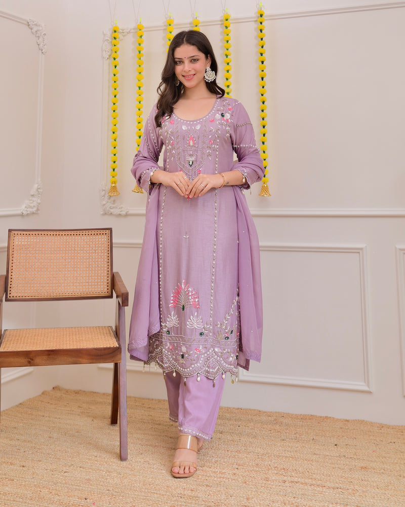 Lilac Premium Silk Handwork Festive Suit