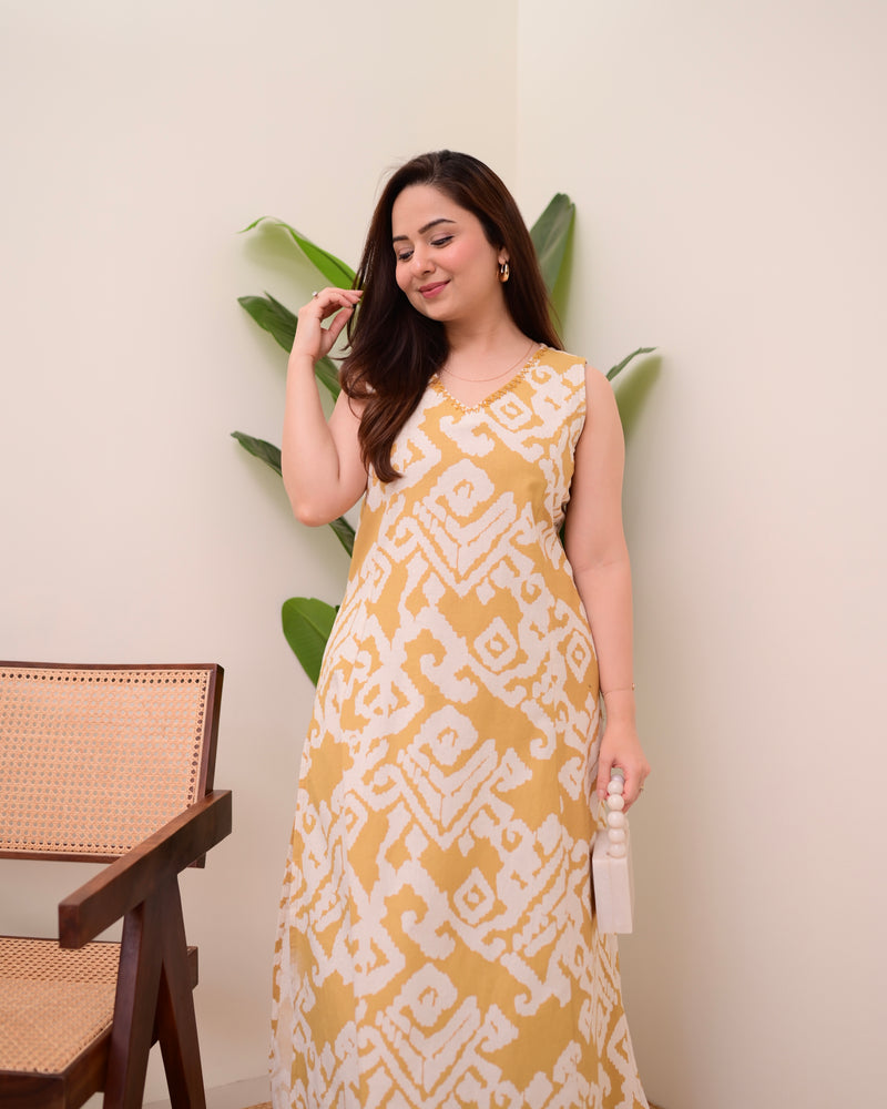 Mustard Ikat Cotton A Line Kurta Set