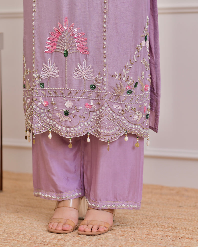 Lilac Premium Silk Handwork Festive Suit